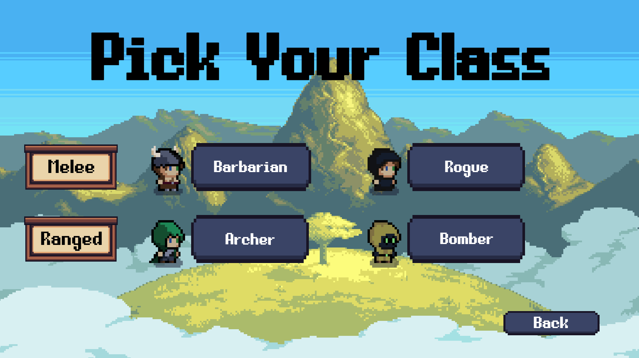Class selection screen showing four playable classes